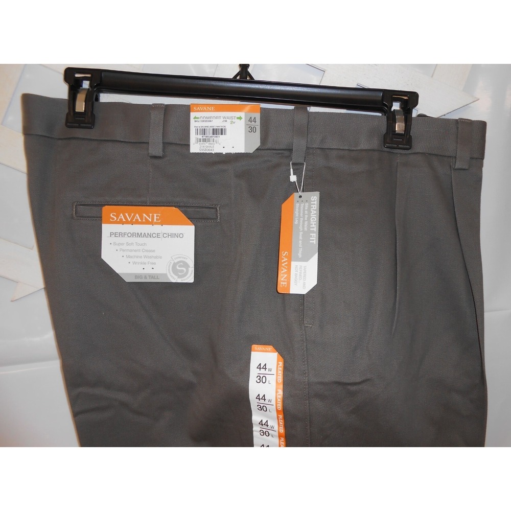 NEW Savane Mens Performance Comfort Chino Grey Pleats Slacks Dress Pants 44W 30L - Picture 2 of 3